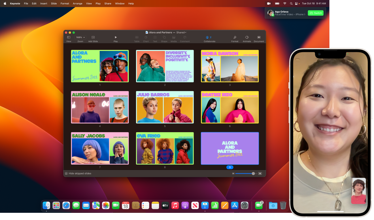 Una llamada de FaceTime en un iPhone junto al escritorio de una Mac con una ventana de Keynote abierta. En la esquina superior izquierda de la Mac hay un botón para cambiar la llamada de FaceTime a la Mac.