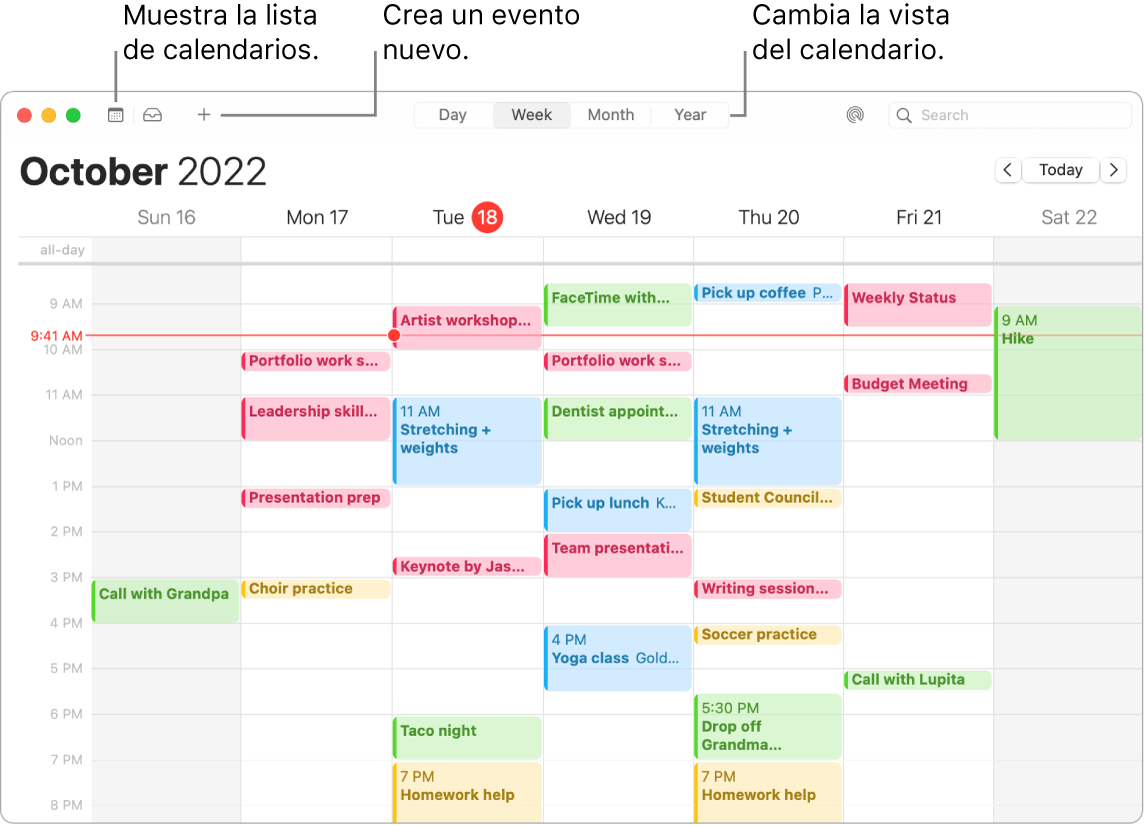 Ventana de Calendario mostrando la lista de calendarios, cómo crear un evento, y cómo seleccionar la vista por días, semanas, meses o años.