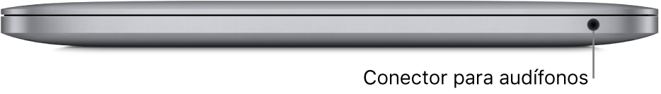 La vista lateral derecha de una MacBook Pro con texto indicando el conector dual de 3.5 mm para audífonos.