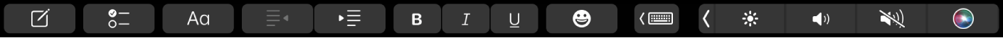 Touch Bar de Notas con los botones de formato de texto. Los controles de formato incluyen alinear a la izquierda o derecha, negritas, cursiva y subrayar. También hay un botón para mostrar las sugerencias de escritura.