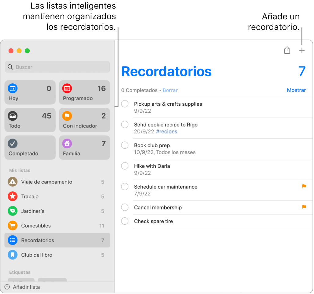 Una ventana Recordatorios con listas inteligentes a la izquierda y otros recordatorios y listas debajo. El puntero está en un recordatorio. Hay llamadas a las listas inteligentes y al botón “Añadir un nuevo recordatorio”.