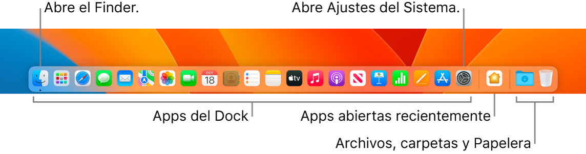 El Dock con el Finder, Ajustes del Sistema y la línea divisoria del Dock que separa las apps de los archivos y carpetas.