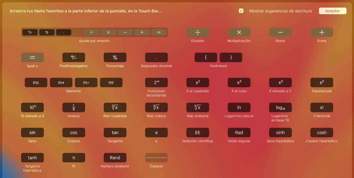 Los ítems de la Touch Bar de la app Calculadora que se pueden personalizar arrastrándolos hasta la Touch Bar.