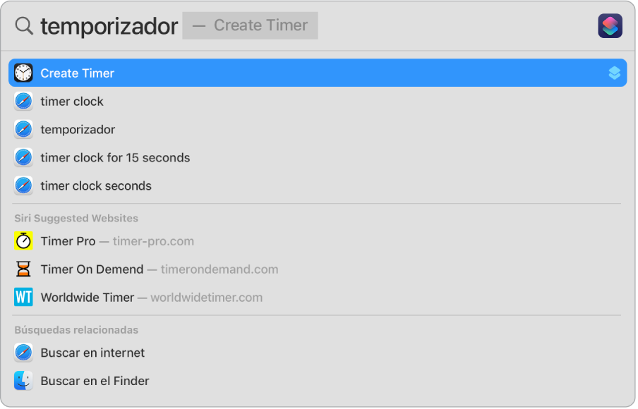 Una búsqueda en Spotlight de “temporizador” con los resultados para usar la acción rápida para crear un temporizador.
