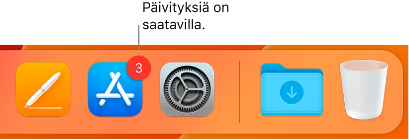 Dockin osa, jossa näkyy App Store -kuvake, jossa oleva merkki osoittaa, että päivityksiä on saatavilla.