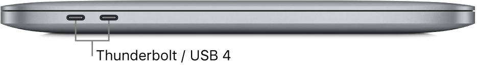 MacBook Pro vasemmalta sekä selite Thunderbolt / USB 4 -portteihin.