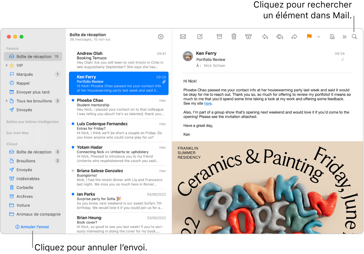 Une fenêtre Mail affichant la barre latérale sur la gauche, avec les dossiers Favoris, « Boîtes aux lettres intelligentes » et iCloud, la liste des messages en regard de la barre latérale, et le contenu du message sélectionné sur la droite.