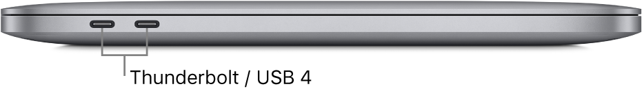 מבט מצד שמאל על MacBook Pro עם סימונים של שקעי Thunderbolt / ‏USB 4.