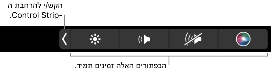 תצוגה חלקית של Touch Bar בתצורת ברירת המחדל, המציג את ה‑Control Strip המצומצם, עם הכפתורים שזמינים תמיד: בהירות, עוצמת שמע והשתקה. הקש/י על כפתור ההרחבה כדי להציג את ה‑Control Strip בפריסה המלאה.