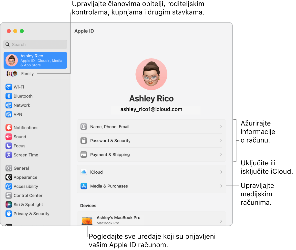 Postavke Apple ID-ja u Postavkama sustava s oblačićima za ažuriranje informacija o računu, uključivanje ili isključivanje značajki iClouda, upravljanje medijskim računima i Obitelji, gdje možete upravljati članovima obitelji, roditeljskim kontrolama, kupnjama i ostalim.