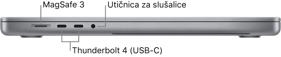 Prikaz lijeve bočne strane 16-inčnog računala MacBook Pro s oblačićima za MagSafe 3 priključnicu, dvije Thunderbolt 4 (USB-C) priključnice i priključnicu za slušalice.