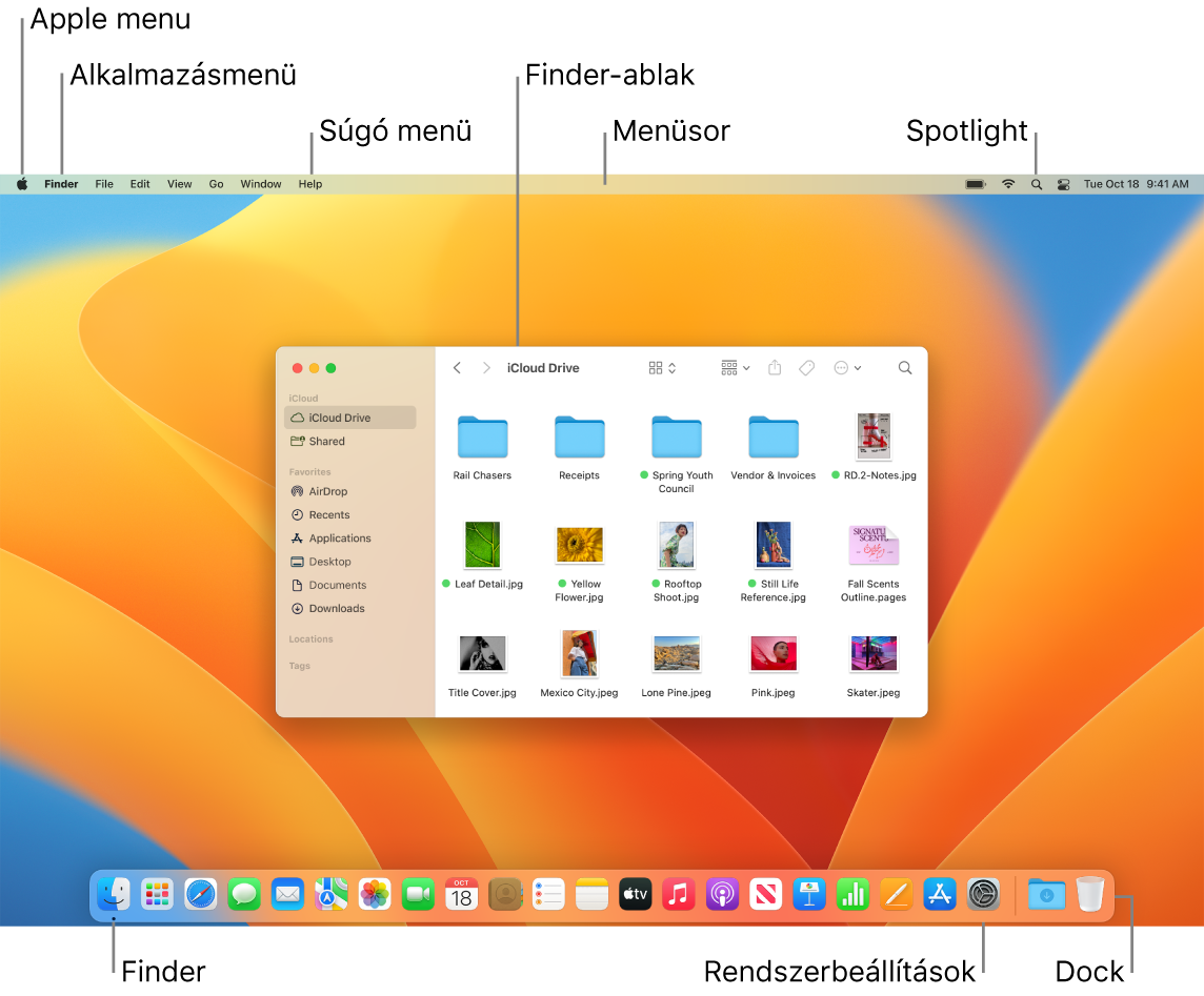 A Mac gép képernyője az Apple menüvel, az App menüvel, a Súgó menüvel, a Finder ablakával, a menüsorral, a Spotlight ikonjával, a Finder ikonjával, a Rendszerbeállítások ikonjával és a Dockkal.