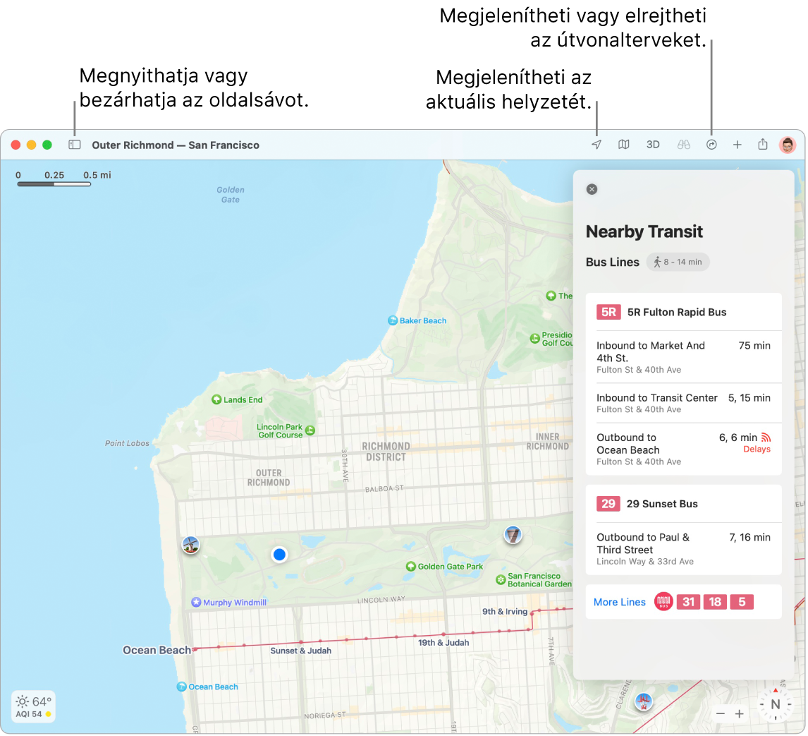 A Térképek ablaka, amely megmutatja, hogyan lehet útvonalterveket beszerezni az oldalsávon található célokra kattintva, hogyan lehet megnyitni vagy becsukni az oldalsávot, valamint hogyan lehet megtalálni az aktuális helyzetet a térképen.