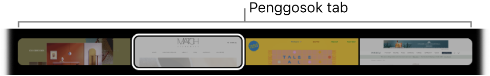 Penggosok tab di Touch Bar Safari. Menampilkan pratinjau kecil dari setiap tab yang dibuka.