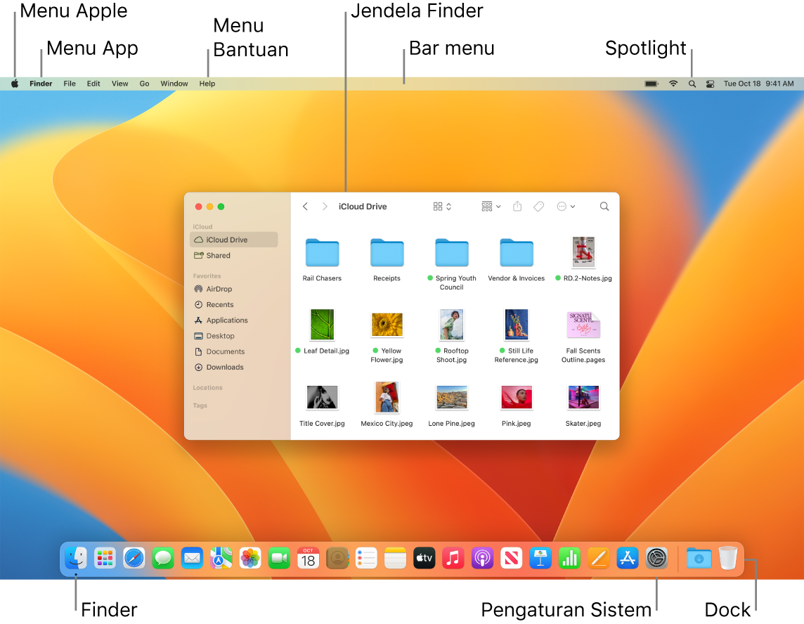 Layar Mac menampilkan menu Apple, menu App, menu Bantuan, jendela Finder, bar menu, ikon Spotlight, ikon Finder, ikon Pengaturan Sistem, dan Dock.