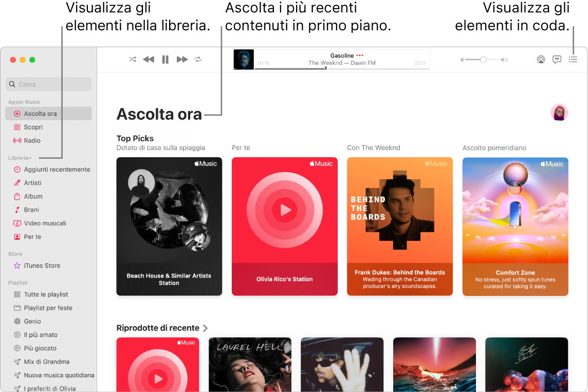 Una finestra dell'app Musica che mostra come visualizzare la libreria, ascoltare Apple Music e visualizzare i brani in coda.