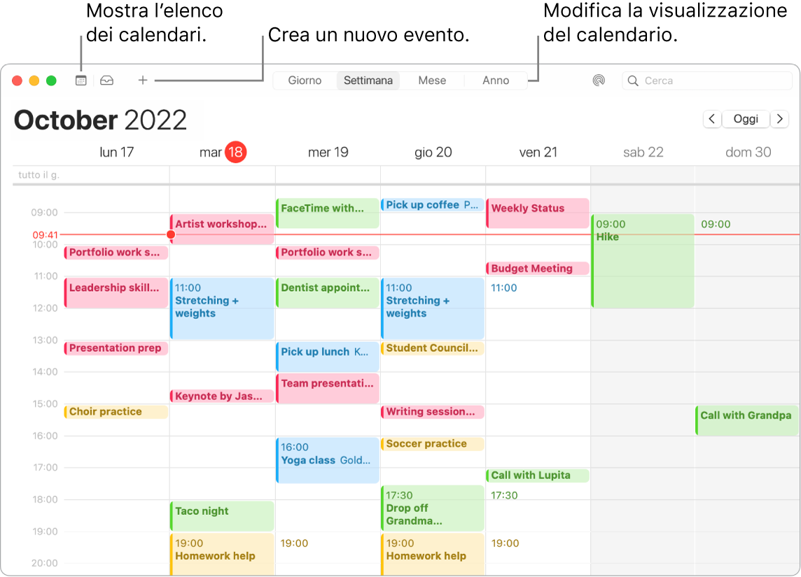 Una finestra di Calendario che mostra l'elenco dei calendari, come creare un evento e come scegliere la vista Giorno, Settimana, Mese o Anno.