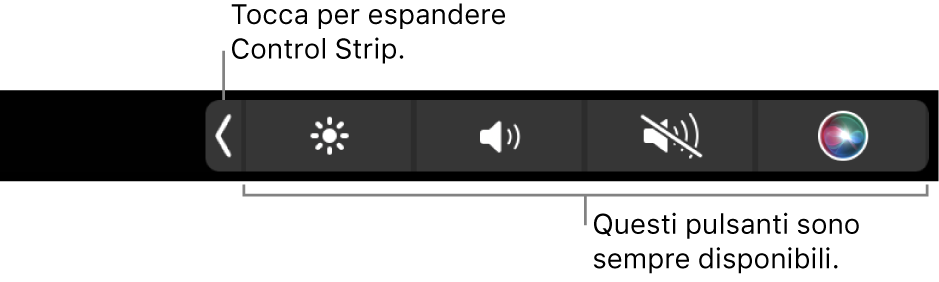 Una schermata parziale della Touch Bar di default, con Control Strip contratta con i pulsanti che sono sempre disponibili: luminosità, volume e disattiva audio. Tocca il pulsante di espansione per visualizzare la Control Strip completa.