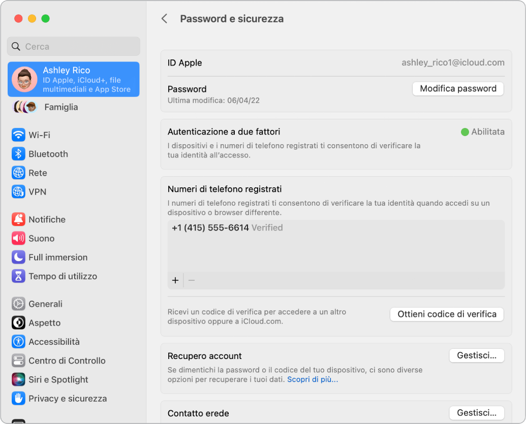 La sezione “Password e sicurezza” di ID Apple in Impostazioni di Sistema. Da qui puoi configurare “Recupero account” o “Contatto erede”.