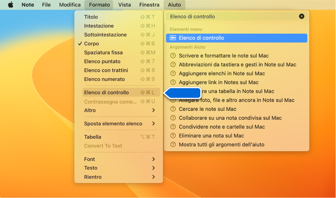 Il menu di Aiuto che mostra la ricerca di “elenco” con il comando “Elenco puntato” evidenziato nell'elenco dei risultati e nel menu Formato.