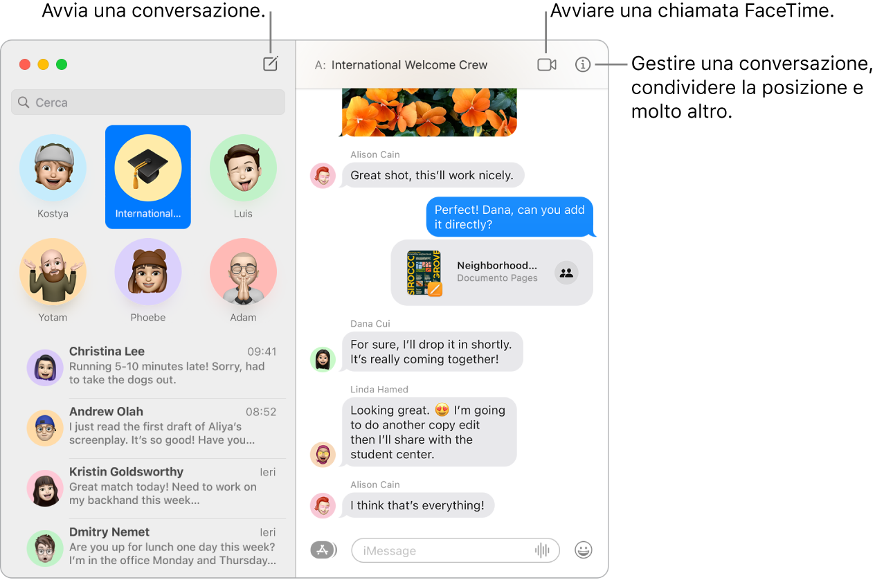 Una finestra di Messaggi che illustra come iniziare una conversazione e una chiamata FaceTime.