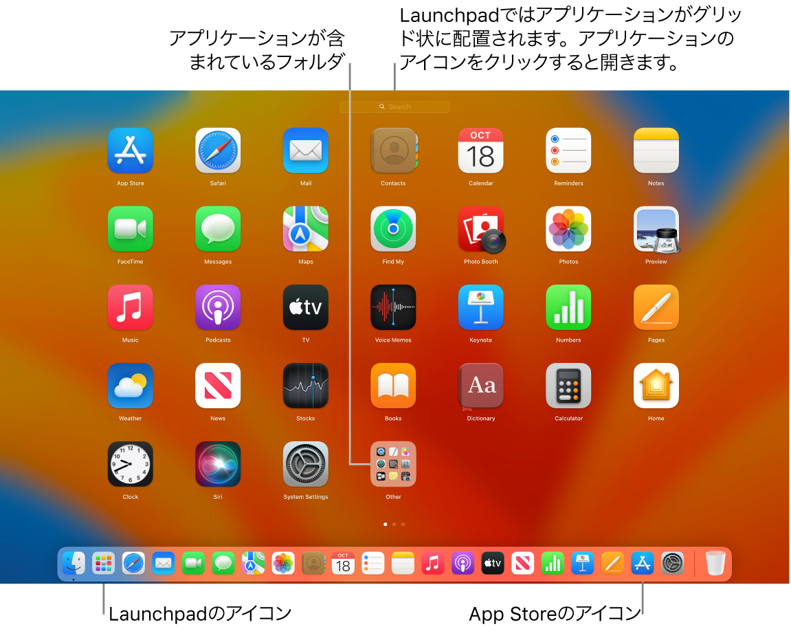 Macの画面。Launchpadが開いていて、Launchpad内のアプリケーションのフォルダ、およびDock内のLaunchpadアイコンとApp Storeアイコンが示されています。