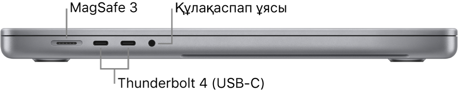 MagSafe 3 портына, екі Thunderbolt 4 (USB-C) портына және құлақаспап ұясына тілше деректері бар 16 дюймдік MacBook Pro компьютерінің сол жақ көрінісі.