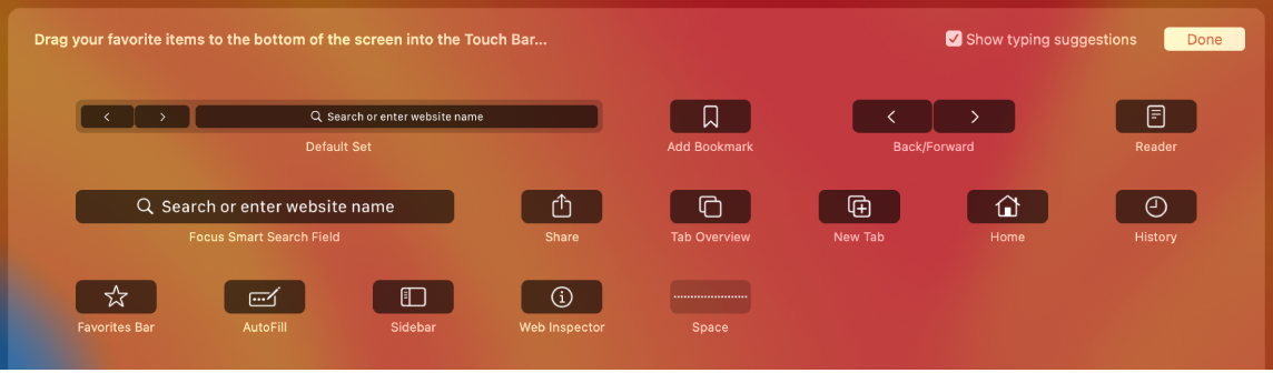 Touch Bar терезесіне сүйреуге болатын Customize Safari параметрлері.
