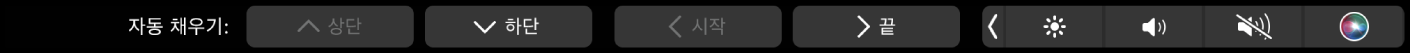 자동 완성 버튼이 표시된 Numbers용 Touch Bar. 자동 완성 버튼은 상단, 하단, 시작 및 끝을 포함합니다.