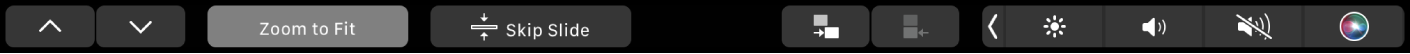 Rodomi programai „Keynote“ pritaikytos „Touch Bar“ rodyklių mygtukai, dydžio keitimo pagal langą mygtukas, skaidrės įtraukos mygtukas ir atvirkštinės skaidrės įtraukos mygtukas.