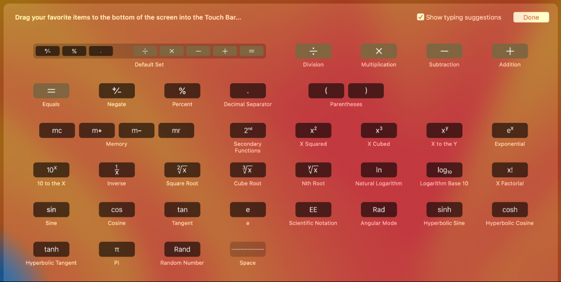 Programai „Calculator“ pritaikytos juostos „Touch Bar“ elementus galima individualizuoti velkant juos į „Touch Bar“.