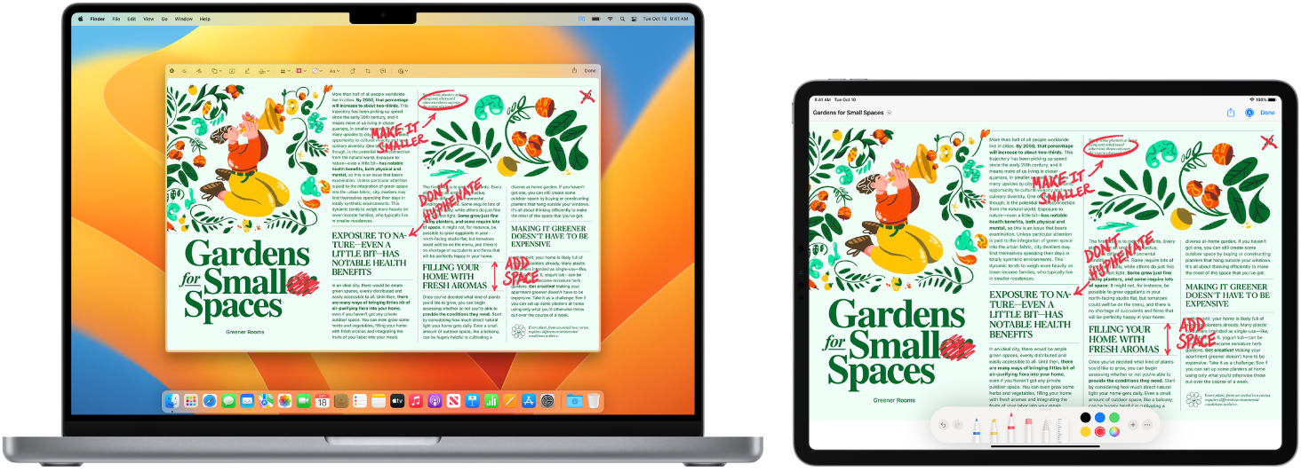 Blakus novietoti MacBook Pro dators un iPad ierīce. Abos ekrānos redzams raksts ar dažādiem ar roku veiktiem labojumiem, piemēram, izsvītrotiem teikumiem, bultiņām un pievienotiem vārdiem. iPad ierīces ekrāna apakšā ir arī joslas Markup vadīklas.