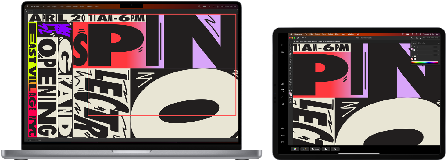 Blakus novietoti MacBook Pro dators un iPad ierīce. MacBook Pro datorā redzams māksliniecisks attēls lietotnes Illustrator navigācijas logā. iPad ierīcē redzams tas pats attēls lietotnes Illustrator dokumenta logā, attēlam apkārt ir rīkjoslas.
