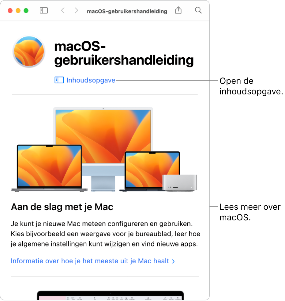De welkomstpagina van de macOS-gebruikershandleiding met de link 'Inhoudsopgave'.