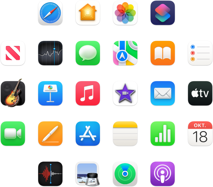 Symbolen van apps die met je MacBook Pro zijn meegeleverd.