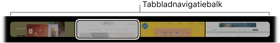 De tabbladnavigatiebalk in de Touch Bar voor Safari. Weergegeven is een kleine voorvertoning van elk open tabblad.