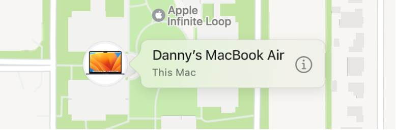 Et nærbilde av Informasjon-symbolet for Daniels MacBook Air.