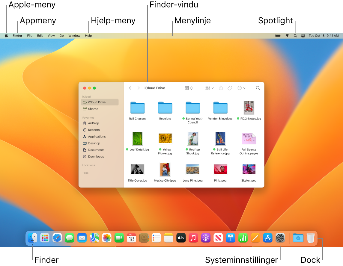 En Mac-skjerm der følgende elementer vises: Apple-menyen, App-menyen, Hjelp-menyen, et Finder-vindu, menylinjen, Spotlight-symbolet, Finder-symbolet, Systeminnstillinger-symbolet og Dock.