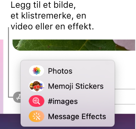 Apper-menyen, med valg for å vise bilder, Memoji-klistremerker, GIF-er og meldingseffekter.