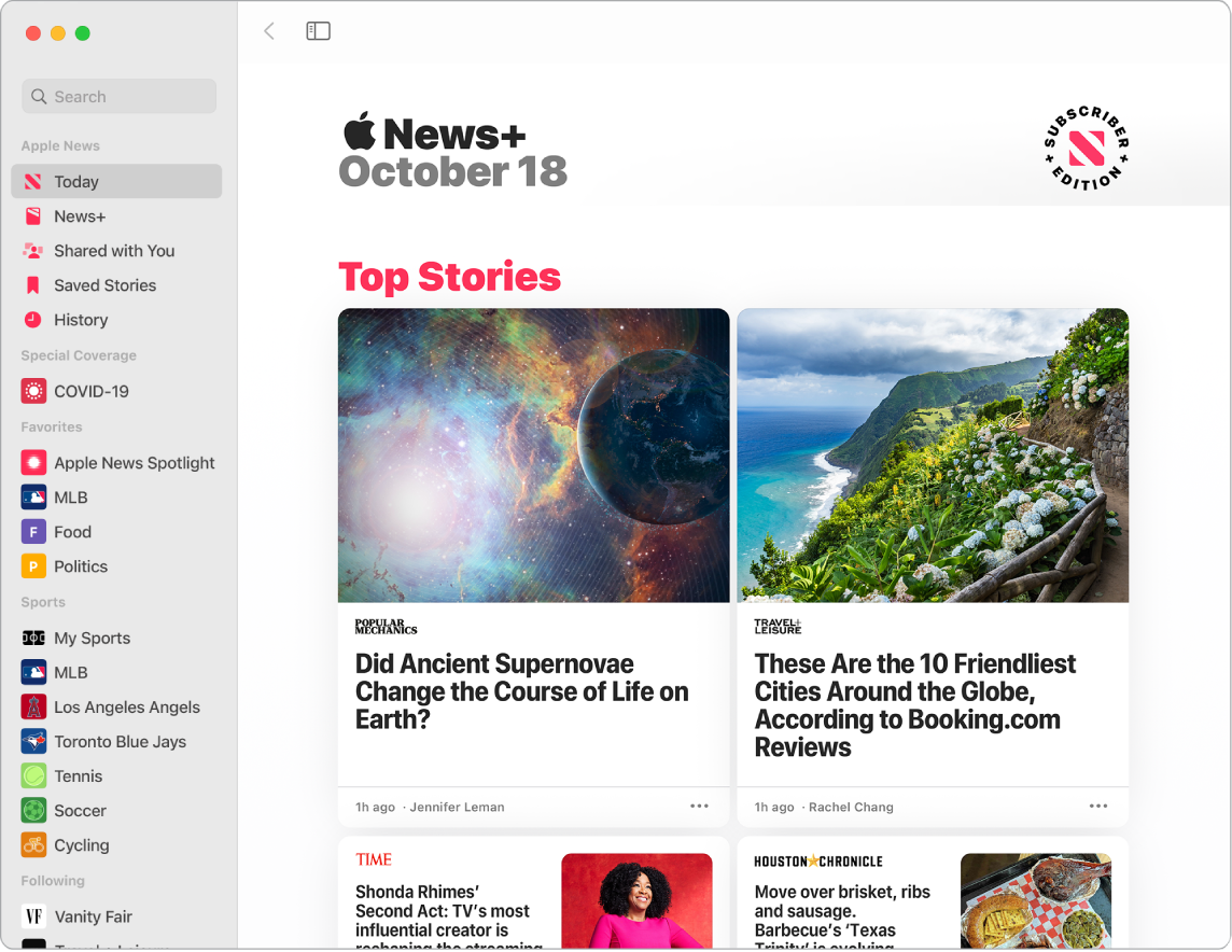 Okno aplikacji News zawierające listę obserwowanych źródeł oraz widok Top Stories.