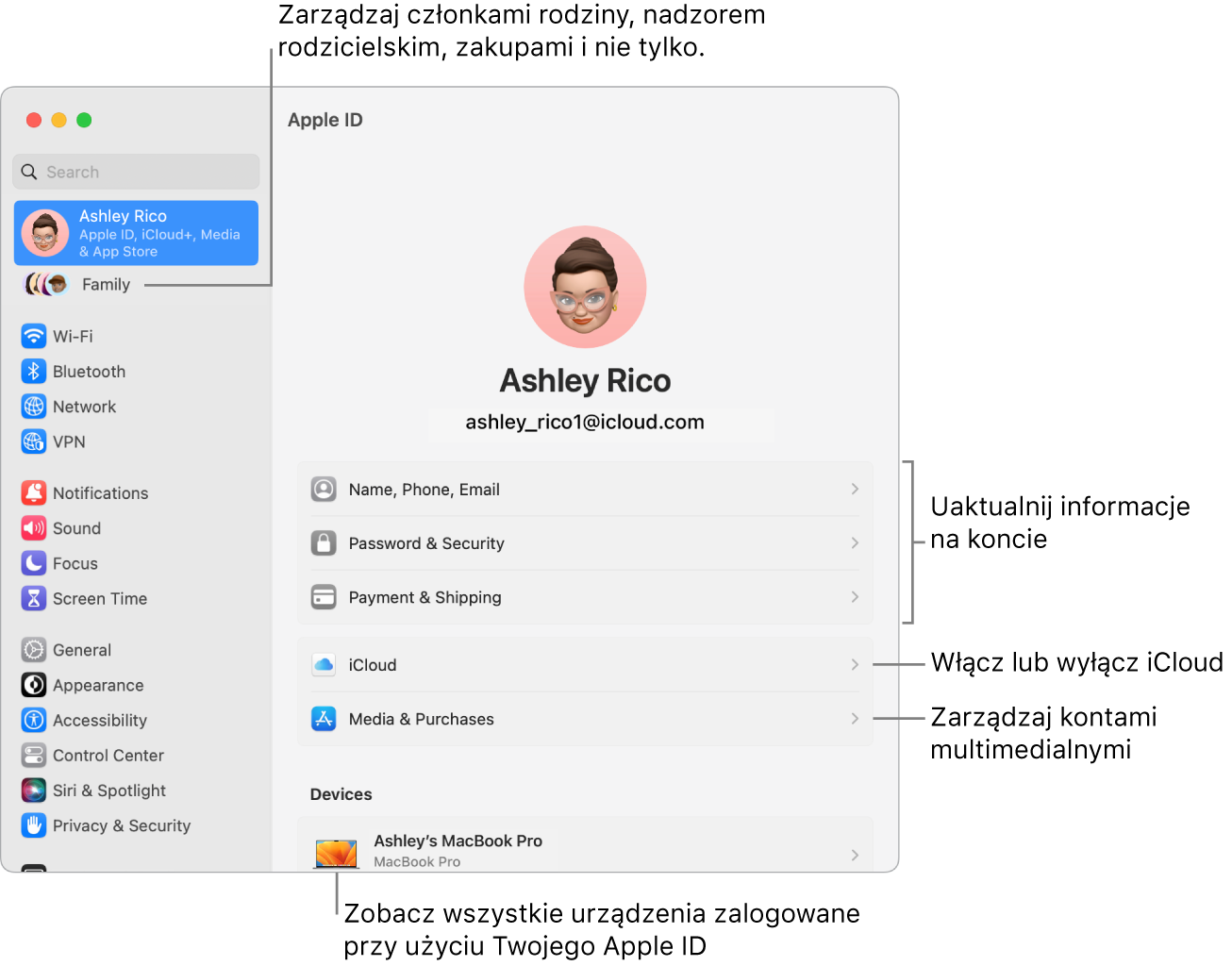 Ustawienia Apple ID w Ustawieniach systemowych z dymkami pomocy do informacji o uaktualnieniu konta, włączaniu lub wyłączaniu funkcji iCloud, zarządzaniu kontami multimedialnymi, oraz chmurą rodzinną, gdzie możesz zarządzać ustawieniami członków rodziny, nadzorem rodzicielskim, zakupami i nie tylko.