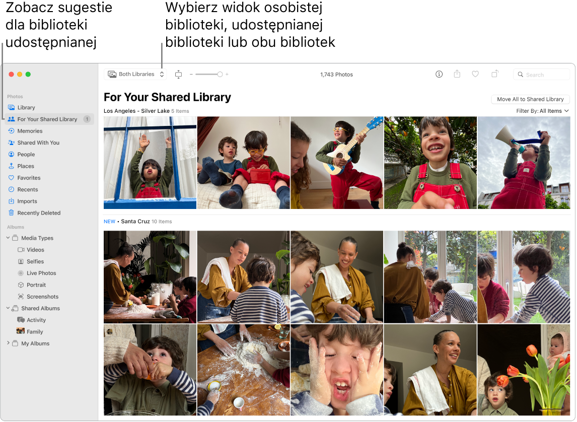 Okno aplikacji Zdjęcia z udostępnianą biblioteką zdjęć w iCloud.