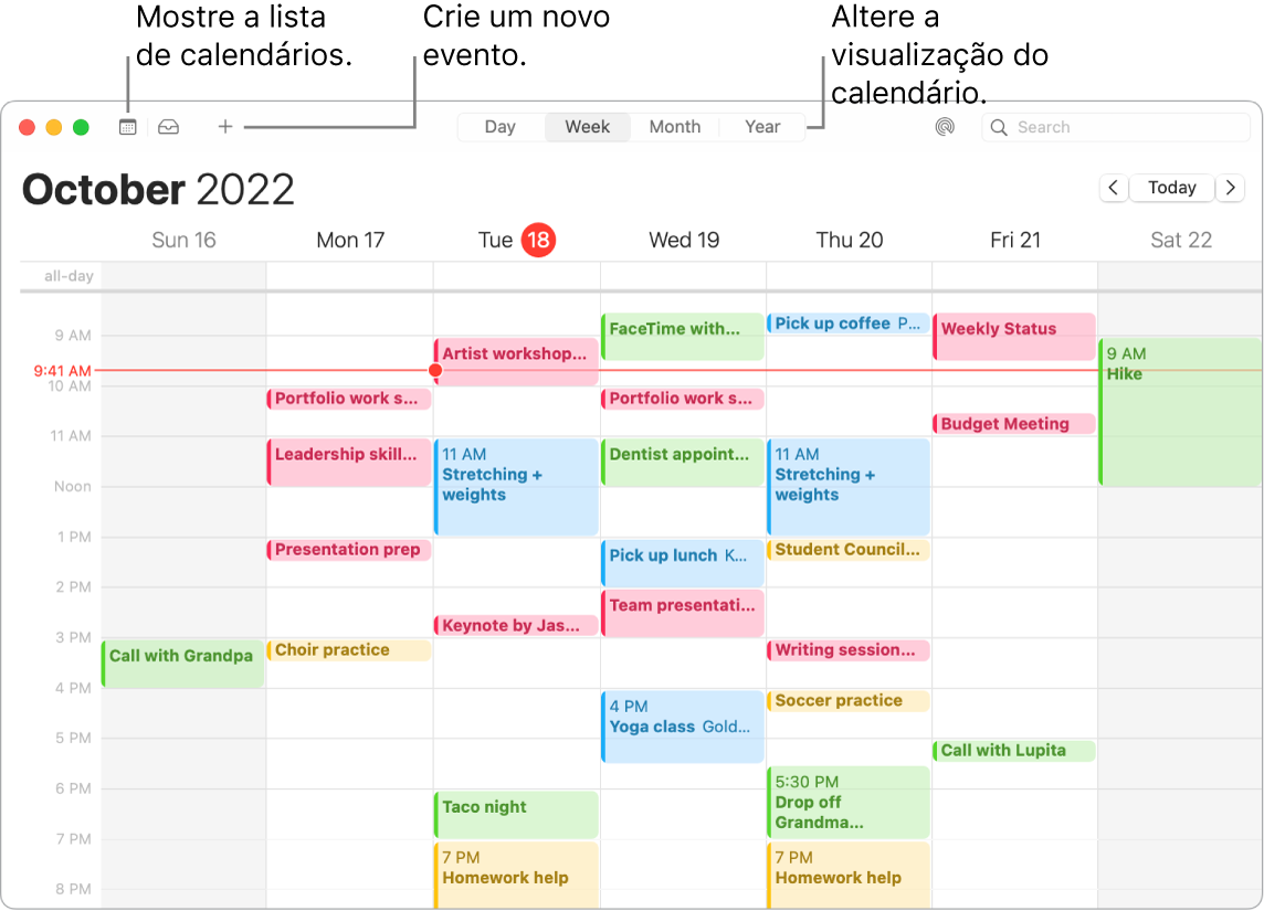 Uma janela do Calendário mostrando a lista de calendários, como criar um evento e como escolher a visualização por Dia, Semana, Mês ou Ano.