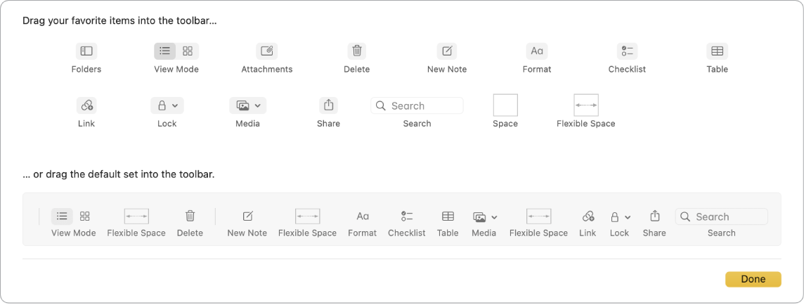 Uma janela da aplicação Notas a mostrar as opções de personalização da barra de ferramentas que estão disponíveis.
