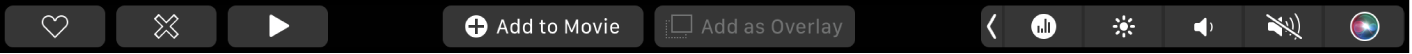 A Touch Bar do iMovie a mostrar os botões para reproduzir, adicionar ao filme e adicionar como sobreposição.