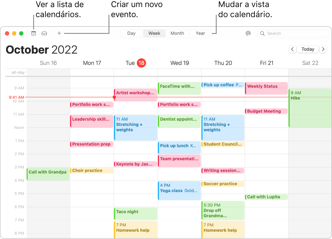 Uma janela do Calendário a mostrar a lista de calendários, como criar um evento e como escolher a vista diária, semanal, mensal ou anual.