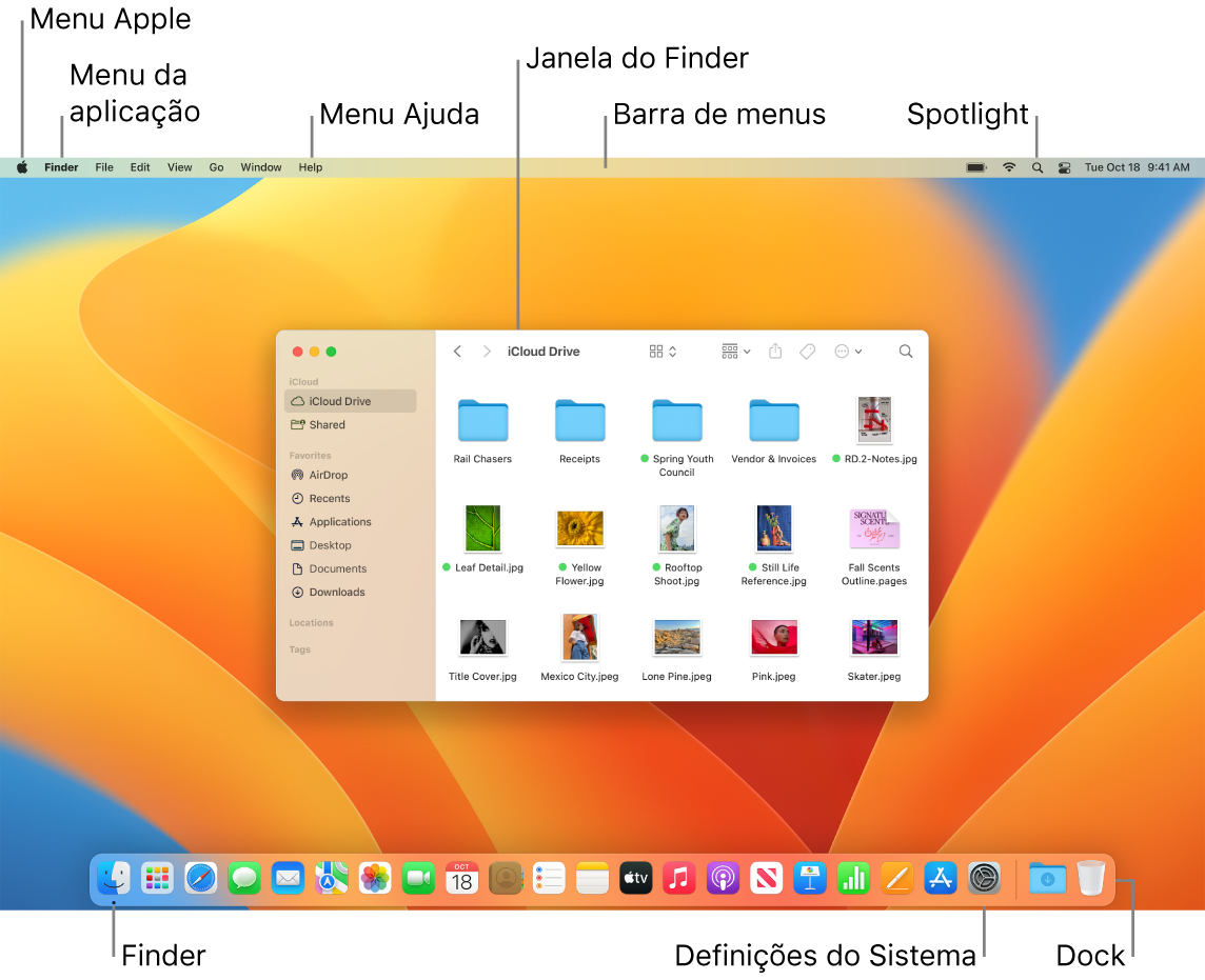 Ecrã do Mac que mostra o menu Apple, o menu da aplicação, o menu Ajuda, uma janela do Finder, a barra de menus, o ícone do Spotlight, o ícone do Finder, o ícone das Definições do Sistema e a Dock.