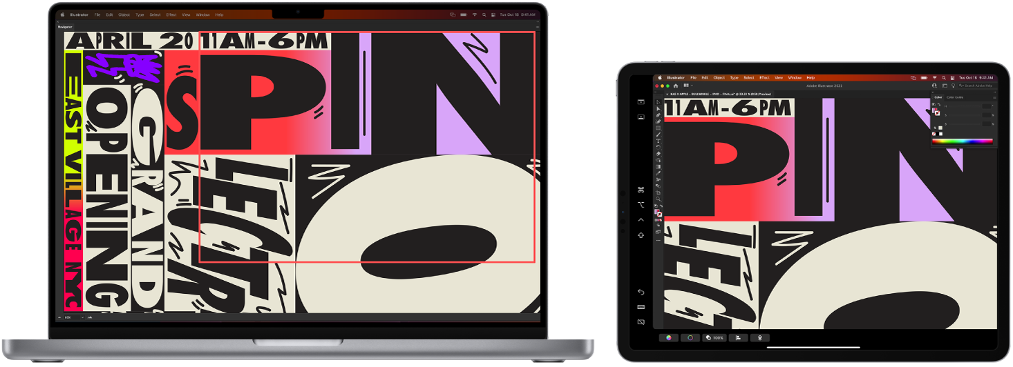 Um MacBook Pro e um iPad lado a lado. O MacBook Pro mostra uma imagem artística na janela do navegador do Illustrator. O iPad mostra a mesma imagem artística na janela do documento Illustrator, rodeada de barras de ferramentas.