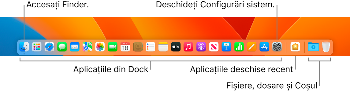 Dock-ul, afișând Finder, Configurări sistem și divizorul din Dock care separă aplicațiile de fișiere și dosare.