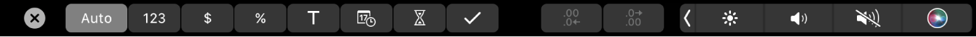 Touch Bar pentru Numbers cu butoanele Format afișate. Acestea includ: monedă, procent, număr, text, dată, durată și listă de control.